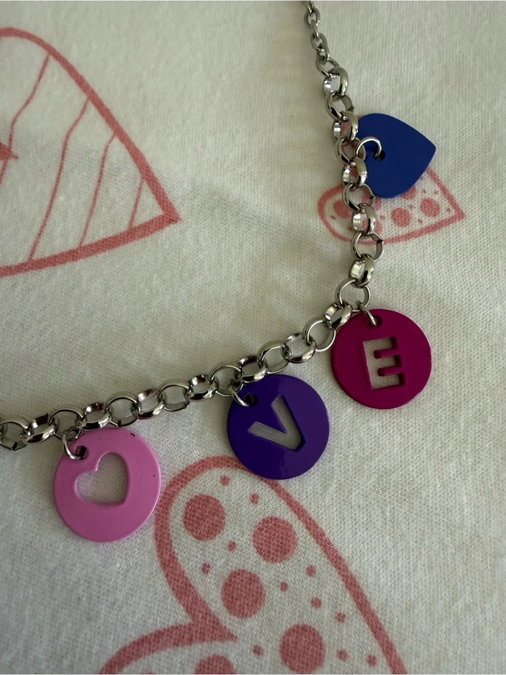 GAP Silver Tone  Adjustable LOVE Necklace with Pink, Purple & Blue Charms NWT